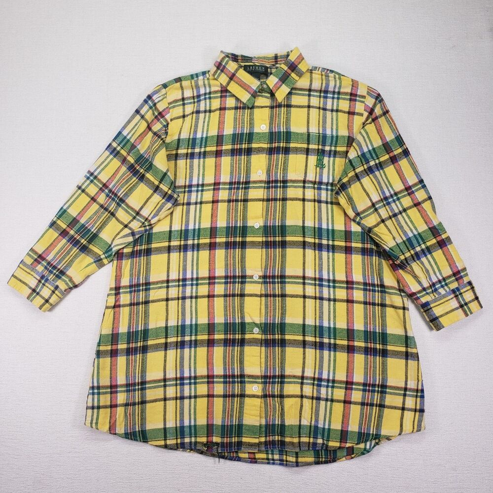 Lauren Ralph Lauren Plaid Flannel Tunic Shirt Womens XL Yellow Checked Button Up
